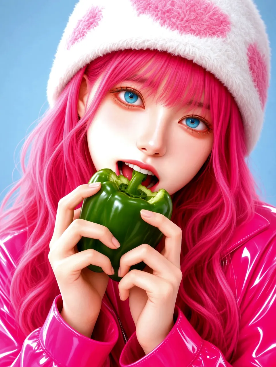 粉发少女咬青椒超写实插画