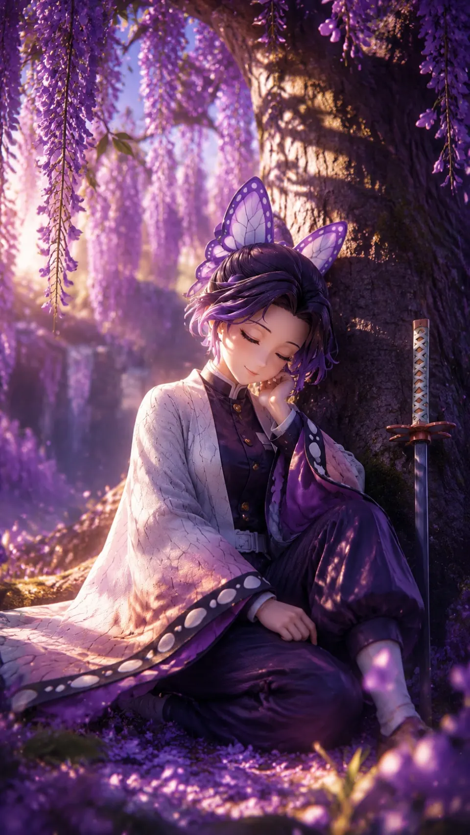 紫藤花下的休憩少女