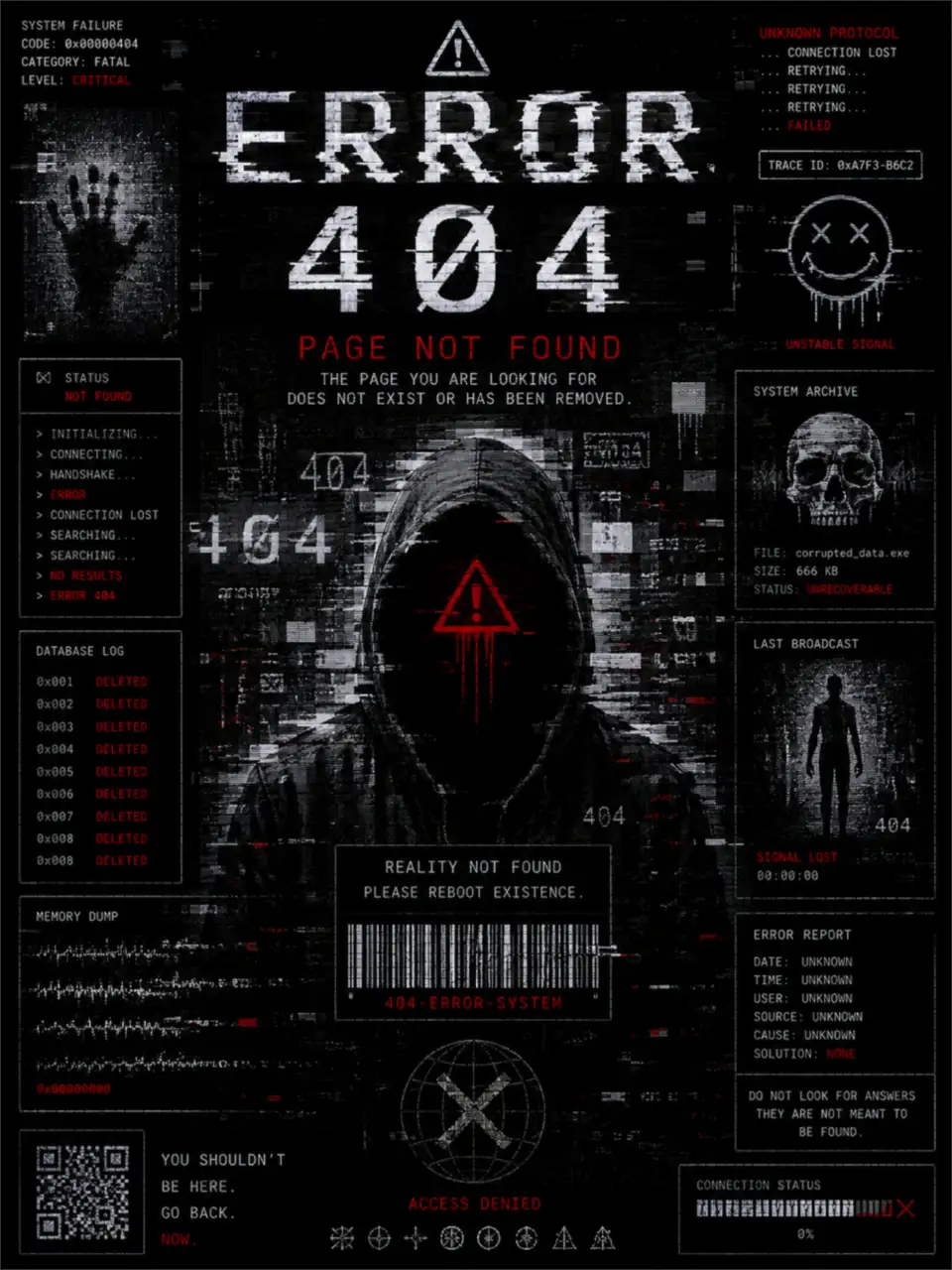故障艺术海报：404错误与匿名兜帽人形