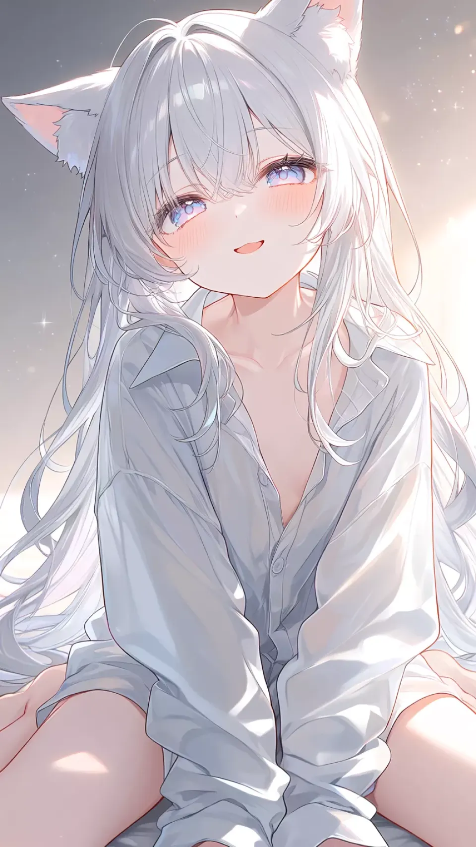 银发猫耳少女白衬衫插画