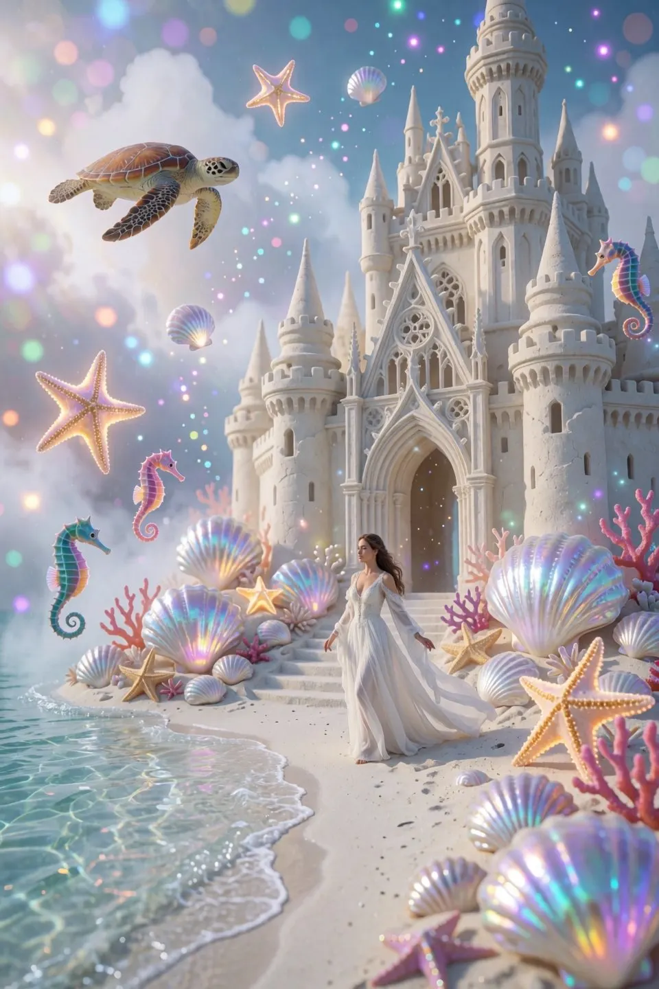 海边奇幻城堡与白裙少女