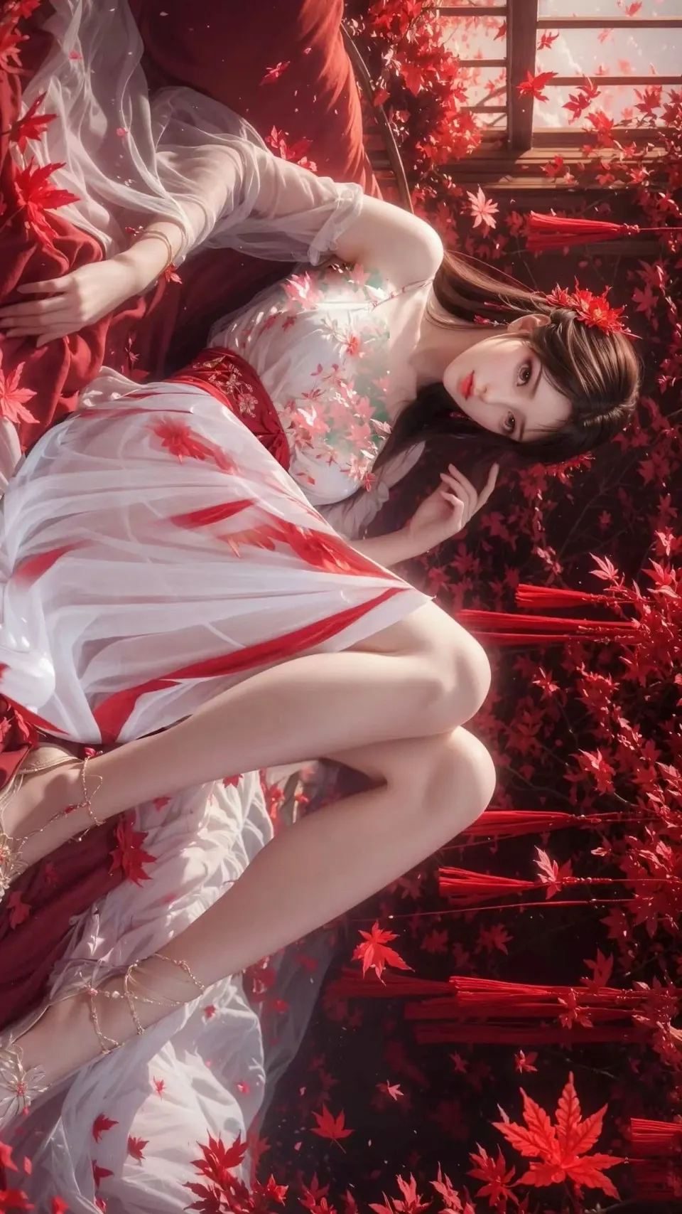 红枫花影中的白衣少女