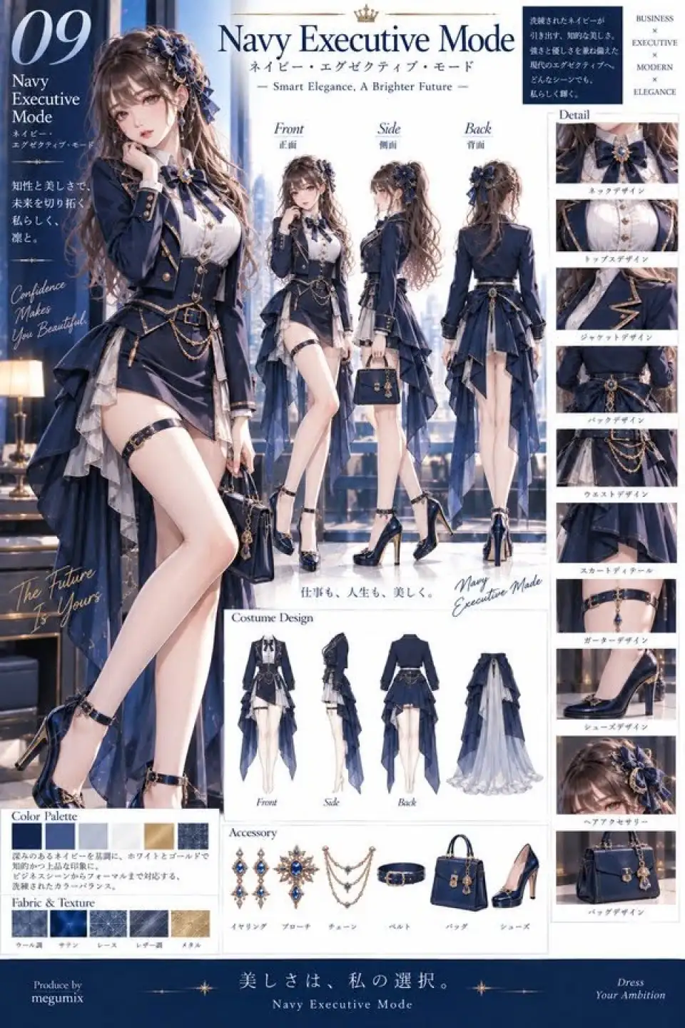 角色服装设定：深蓝行政风女性角色三视图