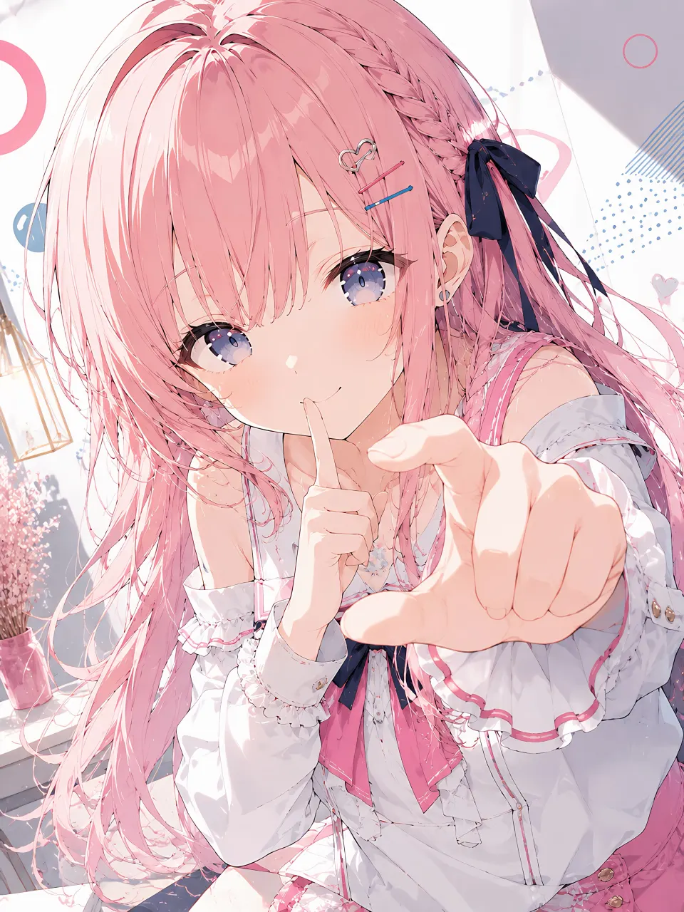 粉发少女指尖互动插画