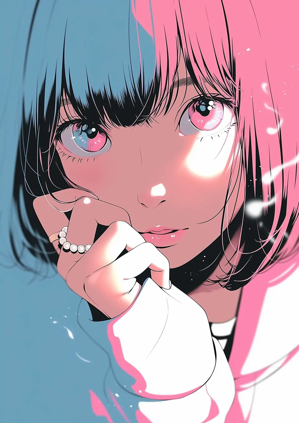 粉蓝双色发少女特写插画
