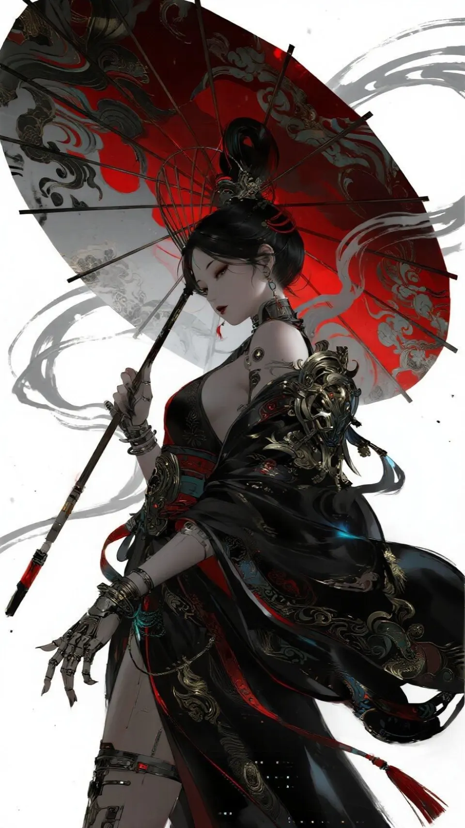 红伞下的黑衣女剑客