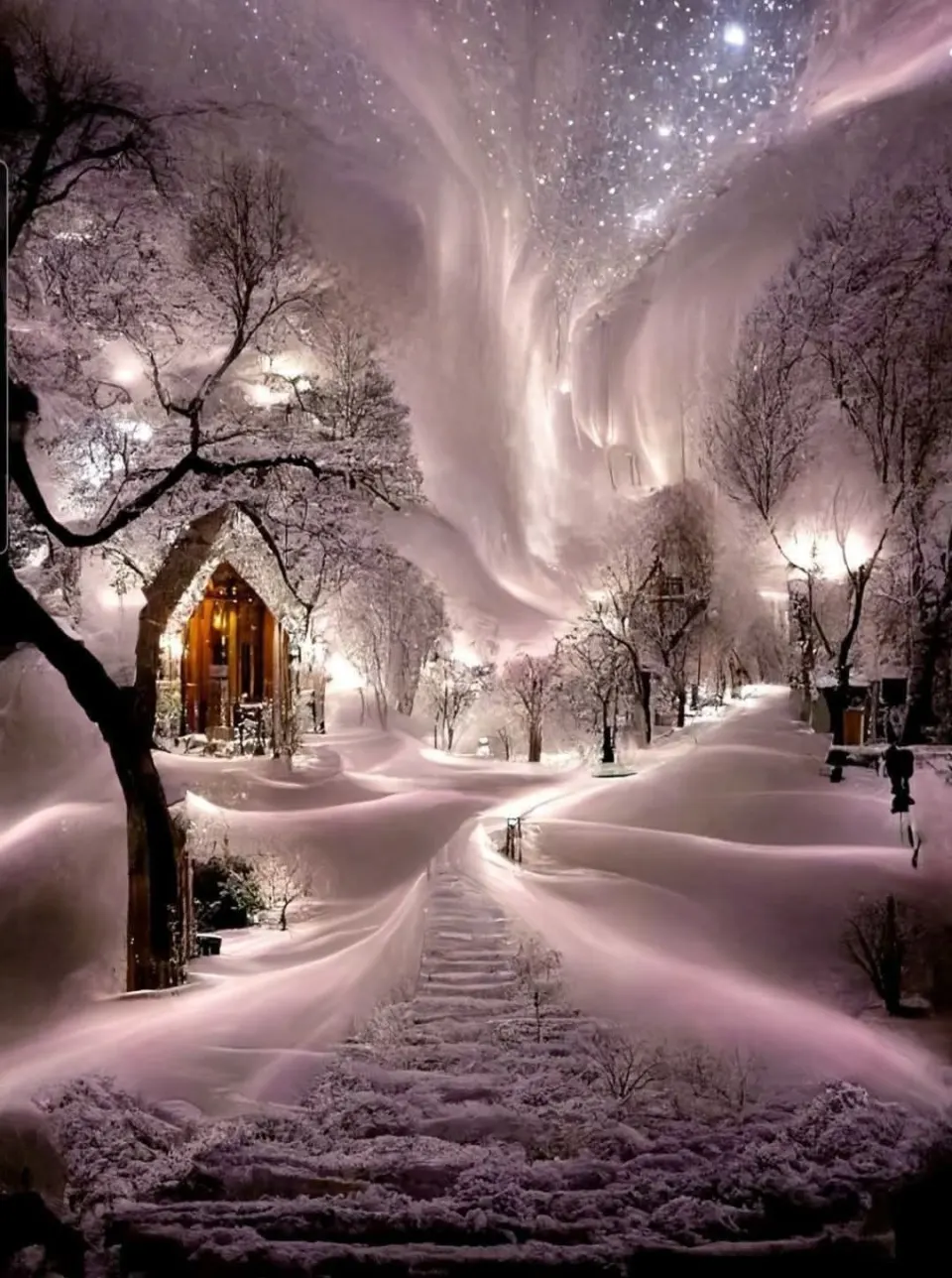 星夜雪径与发光木屋
