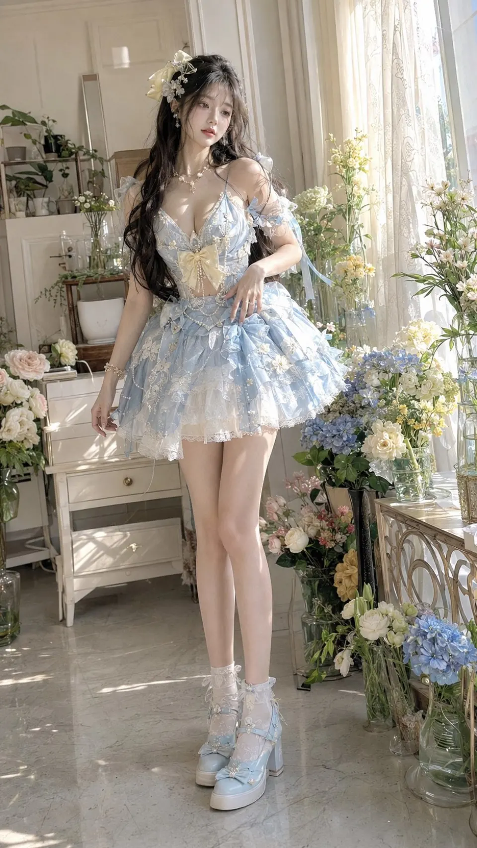 花房中的蓝色礼服少女