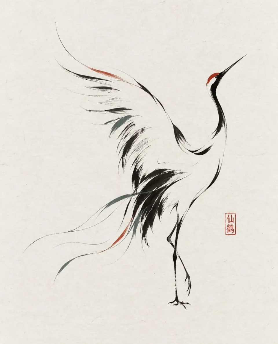 水墨线描中的仙鹤