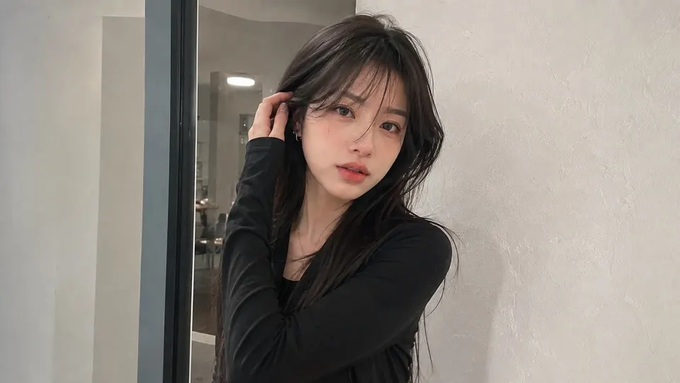 窗边黑衣女子人像