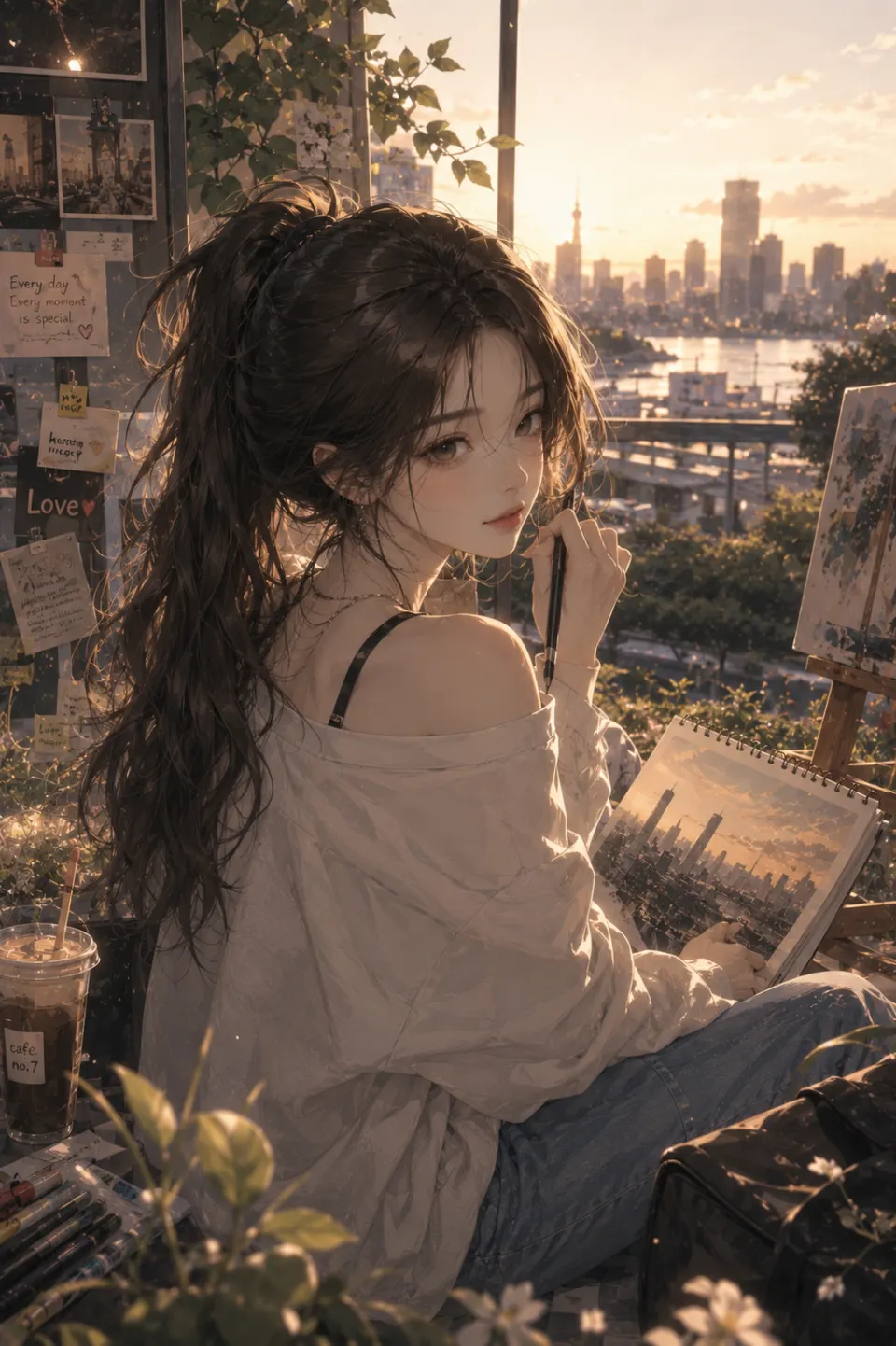 窗边创作城市画景