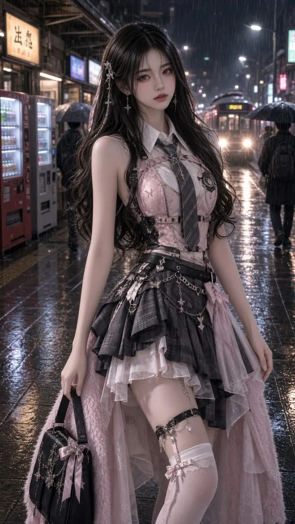 女性时尚肖像与穿搭：雨夜街头穿哥特制服裙的成年女性形象。