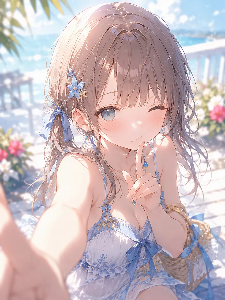 海滨花园的蓝裙少女