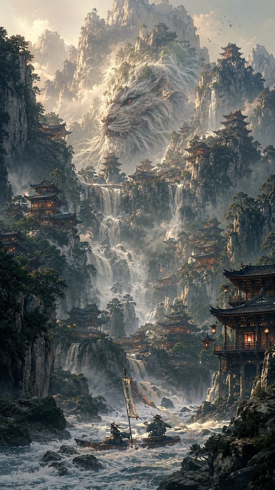 山峦巨灵与古寺瀑布