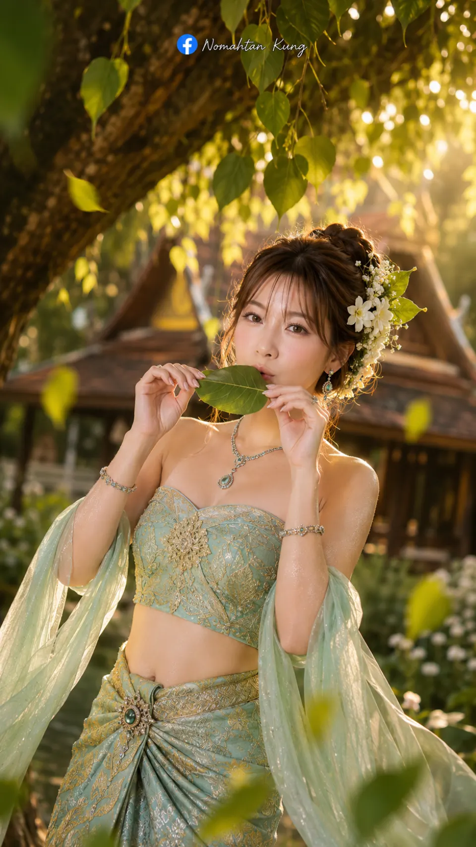 绿荫下的泰式传统服饰少女