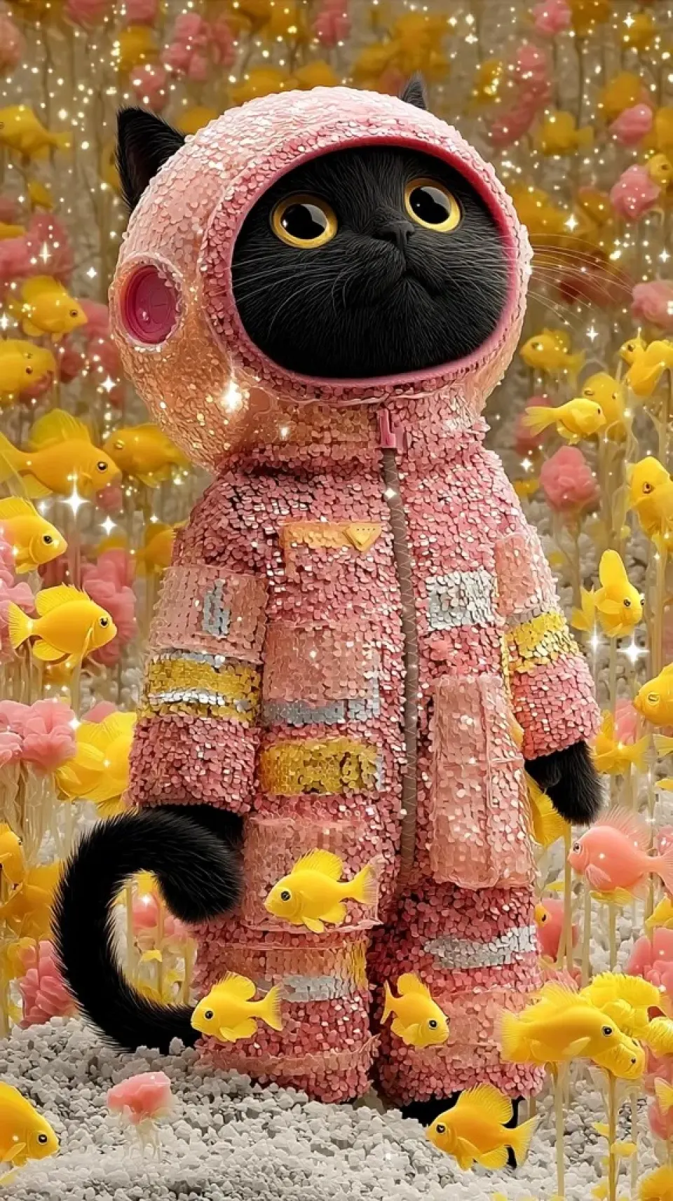 粉色亮片宇航服黑猫与金鱼花园