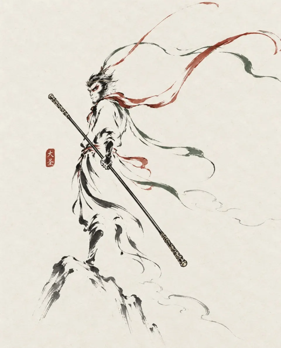 水墨画中的持杖齐天大圣