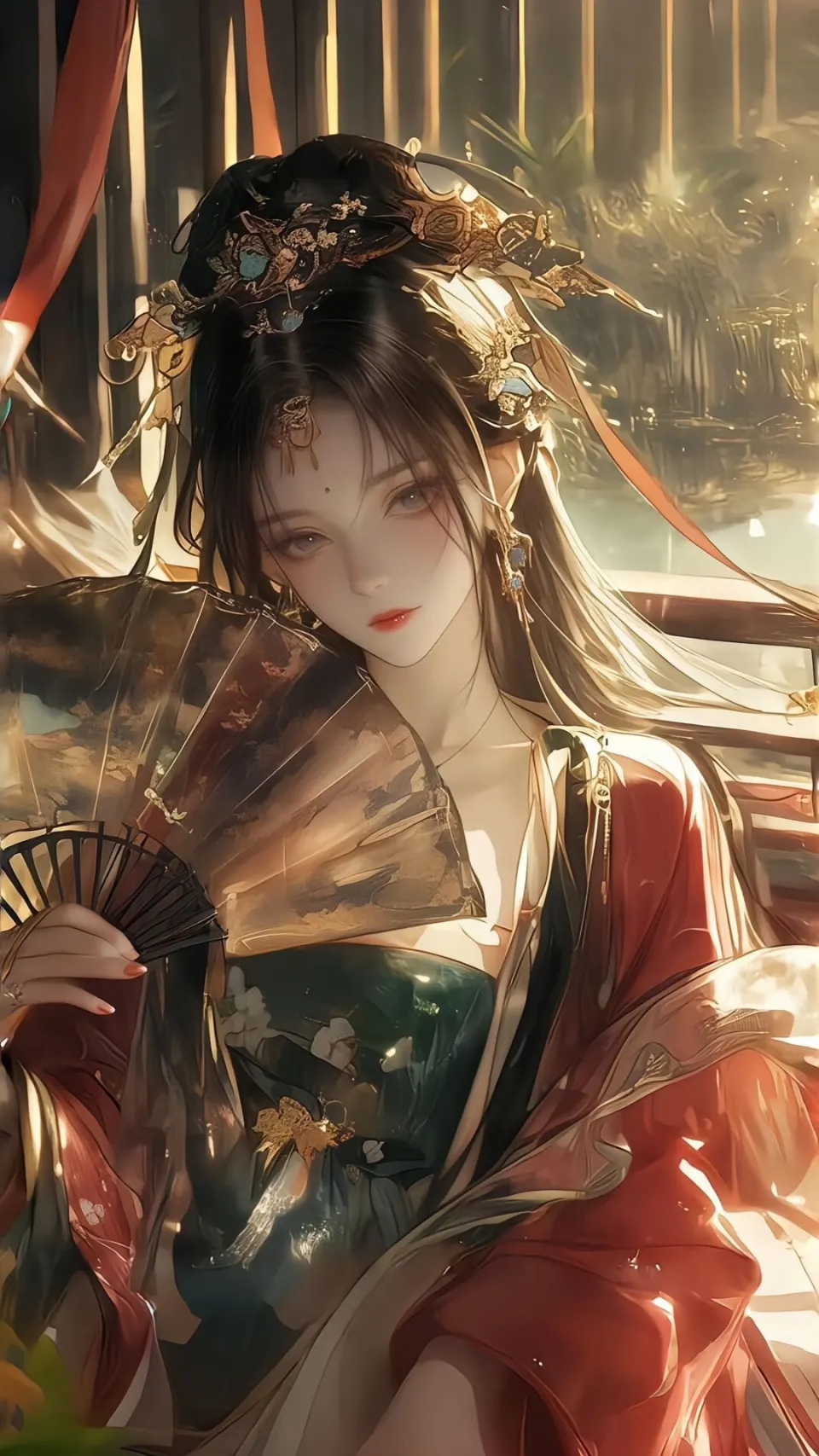 金辉窗畔持扇古装仕女