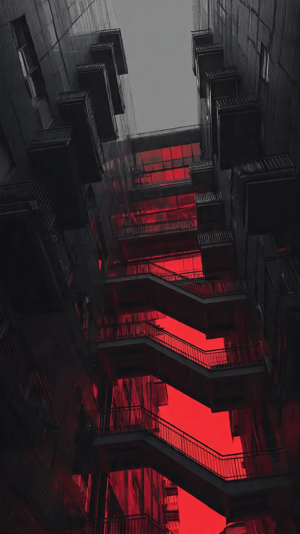 建筑概念插画：红光照亮的消防楼梯井