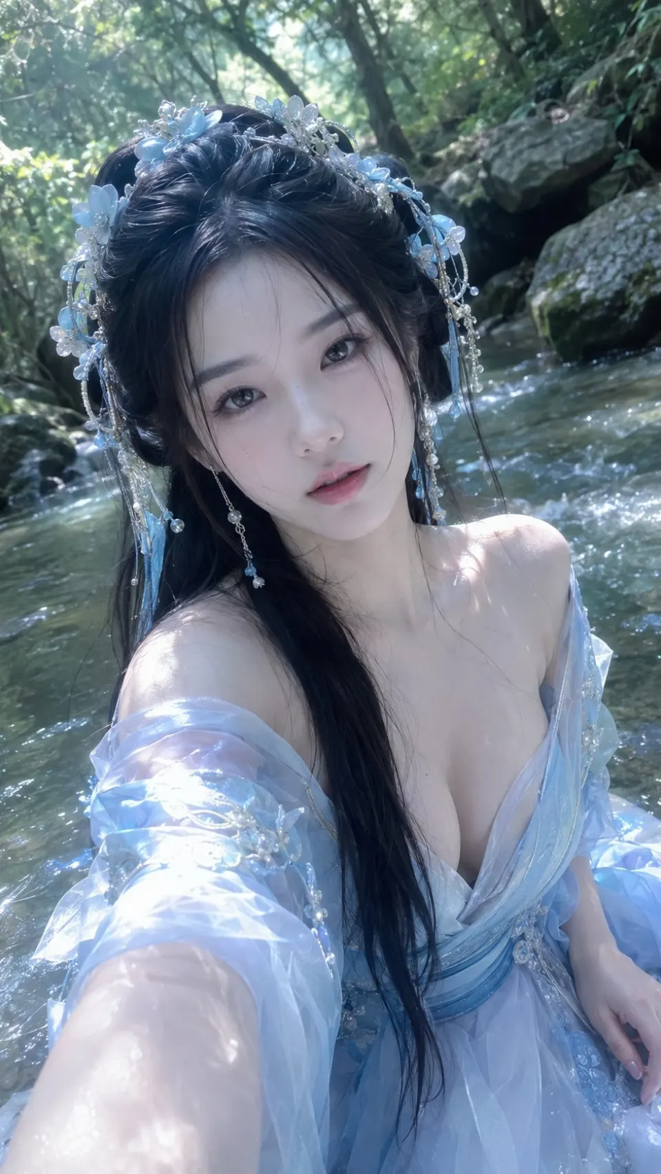 溪畔蓝衣古风少女