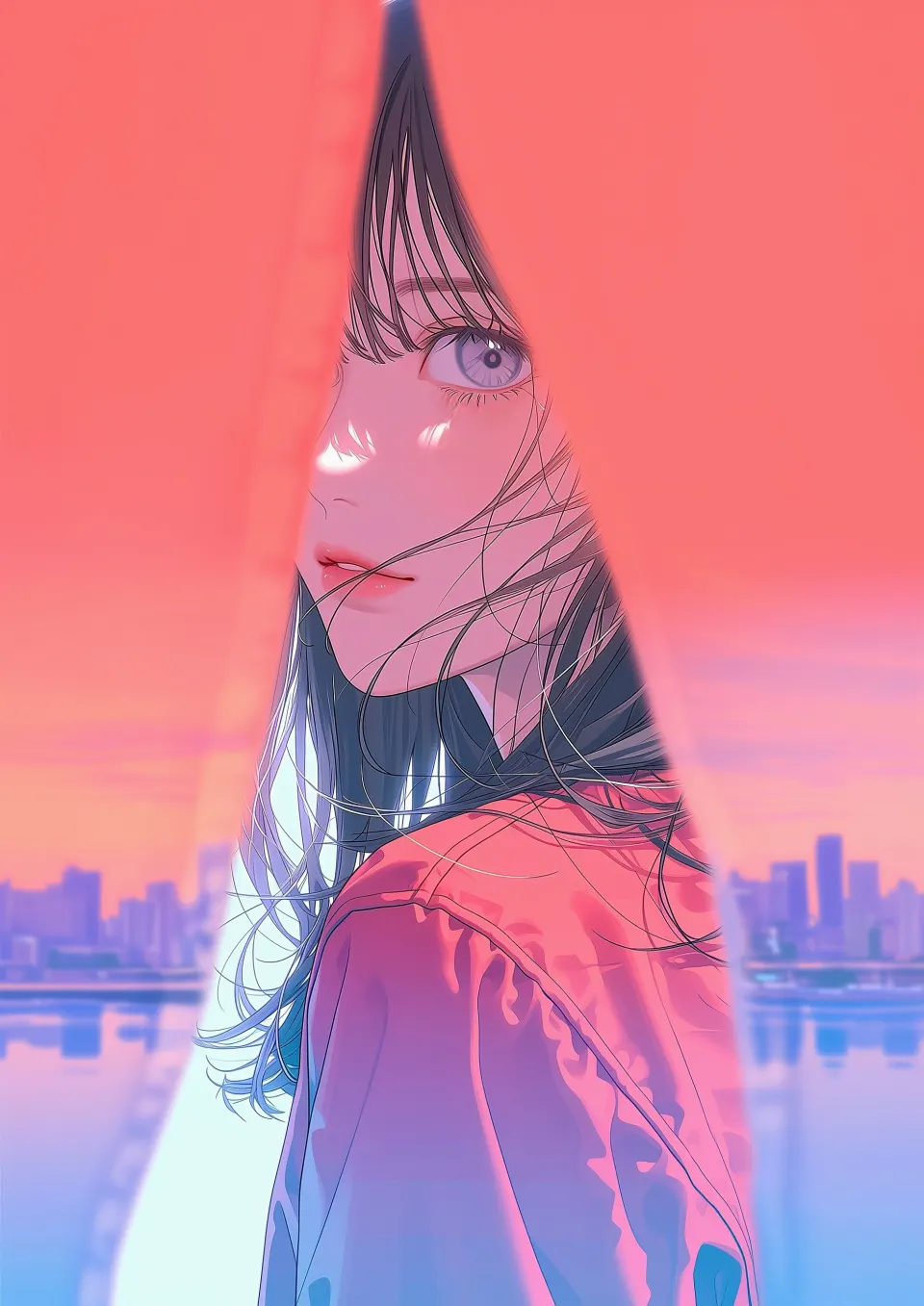 暮色城市中的回眸少女