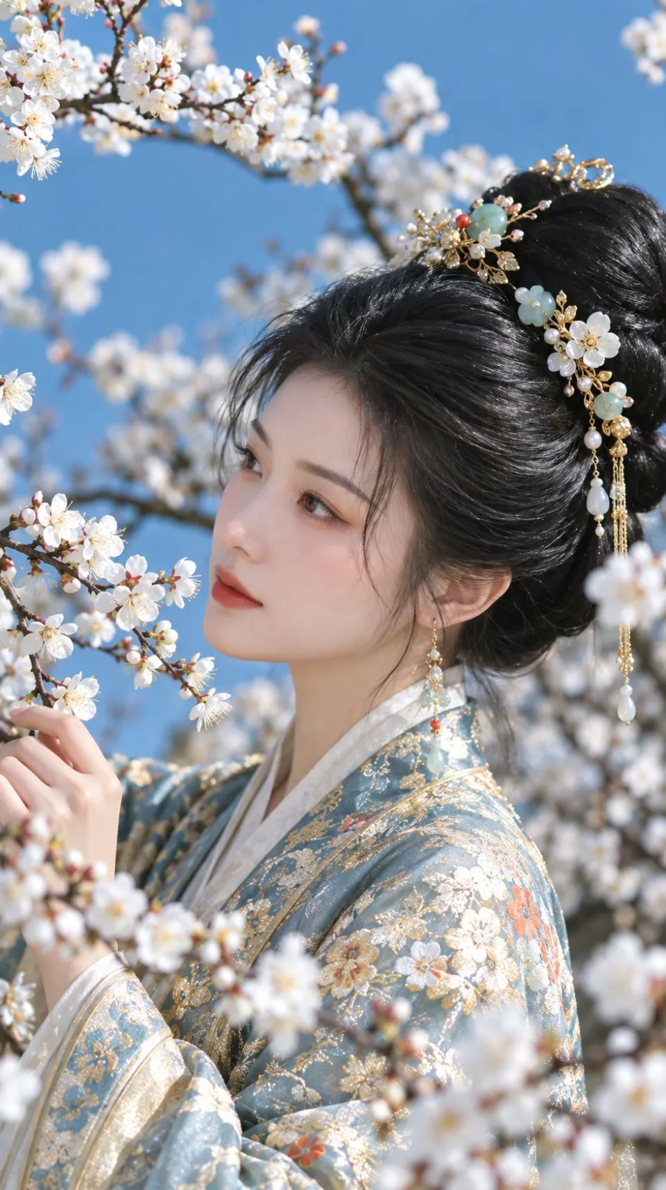 梅花枝下的蓝色古装女子