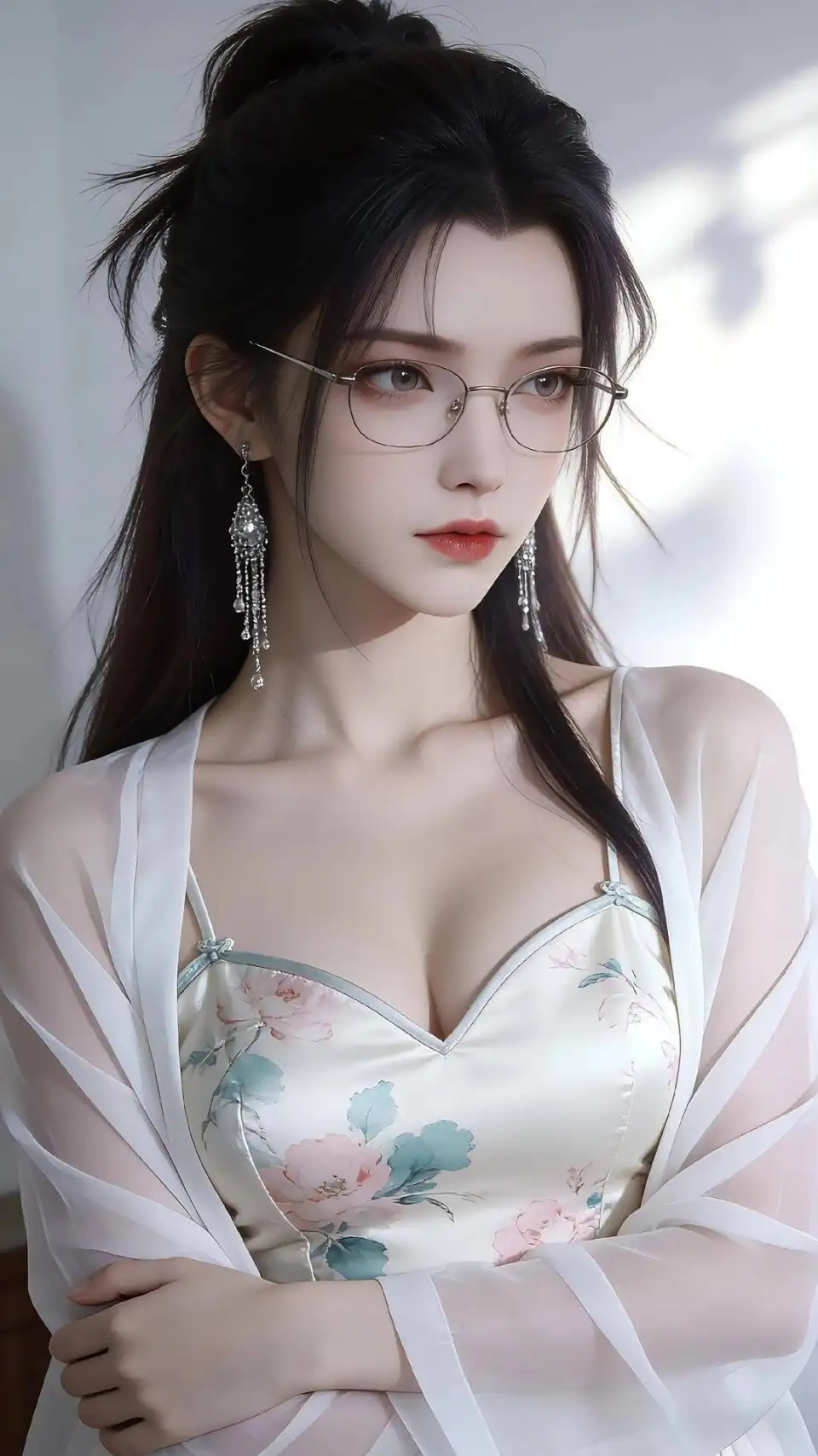 戴眼镜的 floral 吊带裙少女