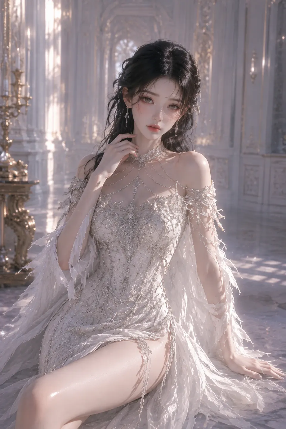 宫殿柔光中的白色蕾丝礼服