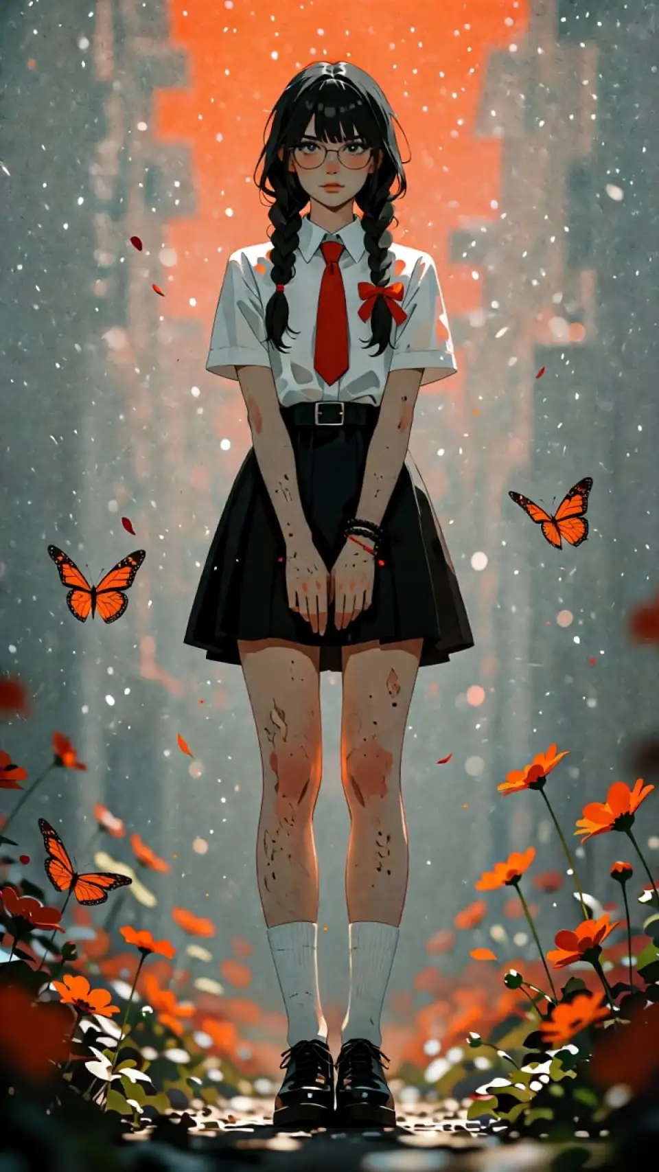 橙蝶花丛中的双马尾少女