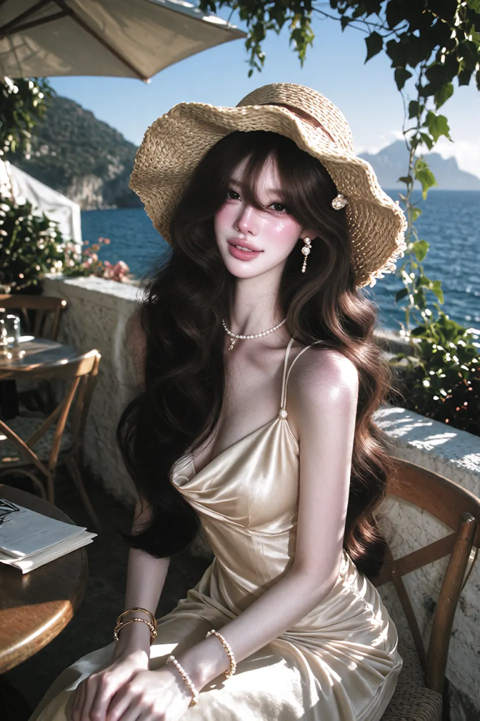 海滨露台草帽少女