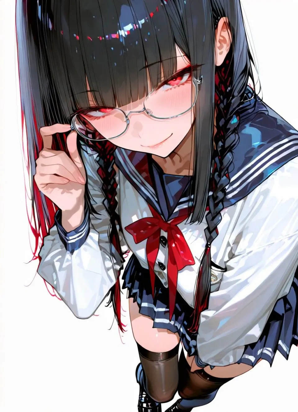 红瞳眼镜少女水手服插画