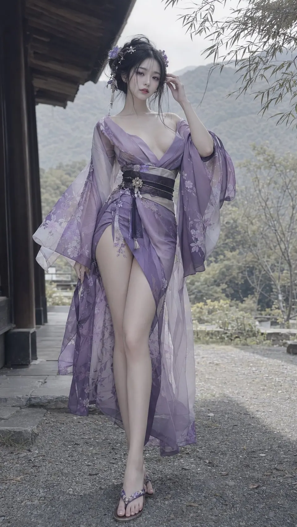 山居古建筑前的紫色古装女子