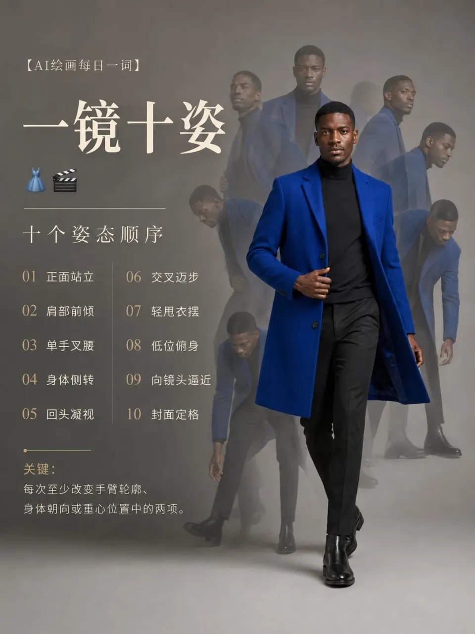 一镜十姿：蓝色大衣的男性姿态序列