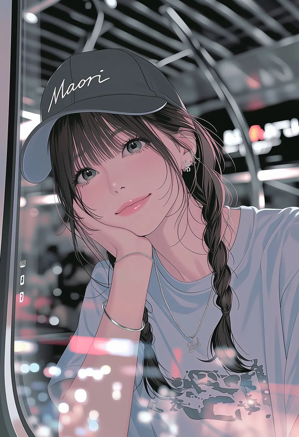 地铁窗边的棒球帽少女