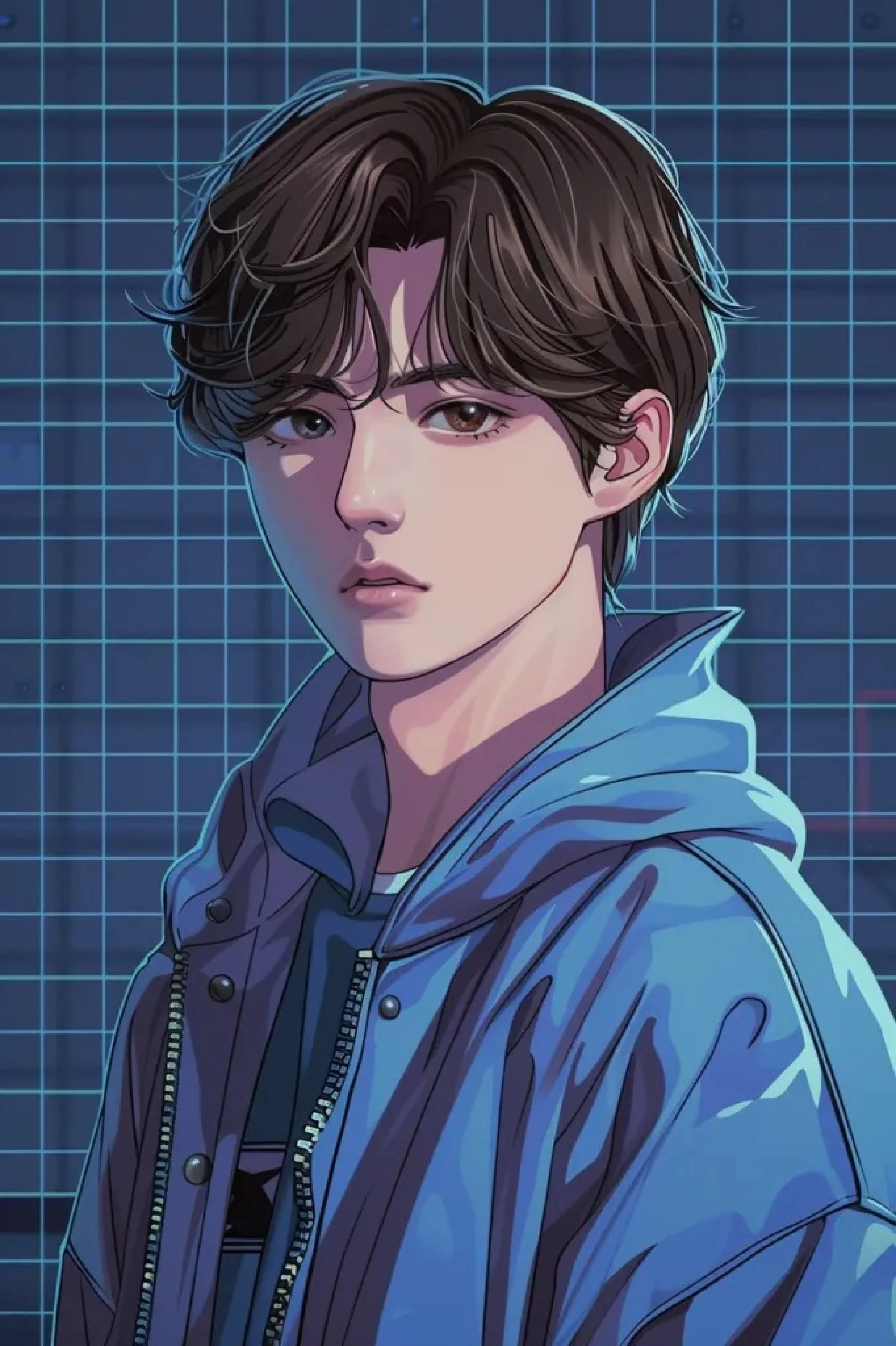 蓝调网格背景下的少年插画