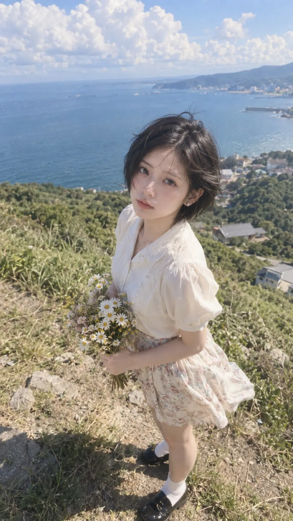 海湾山坡上的雏菊少女
