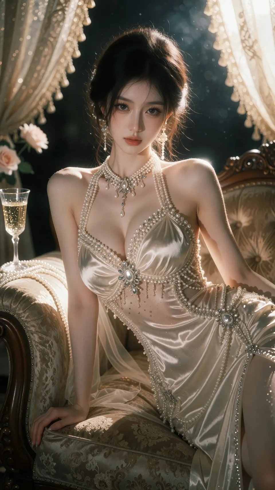 珍珠与薄纱礼服中的女性肖像
