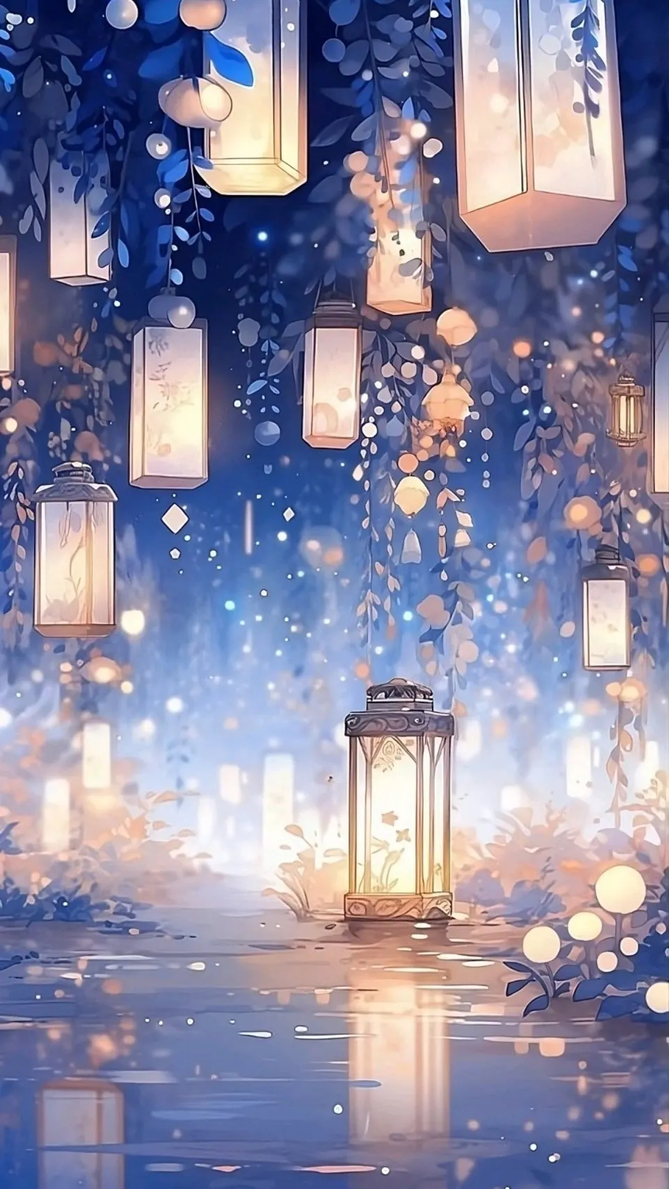 蓝色灯笼与水面倒影