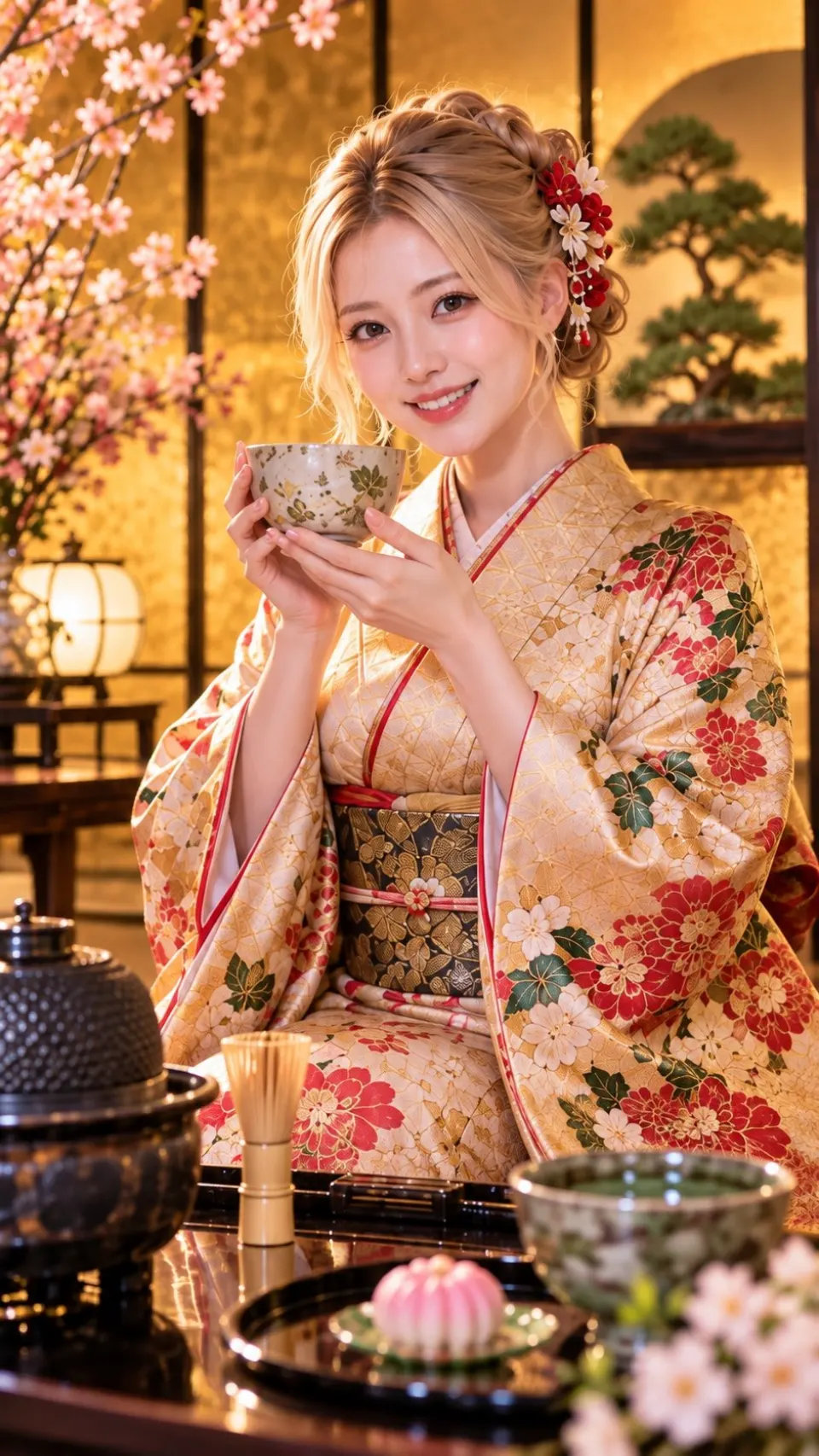 茶室樱花下的金红和服