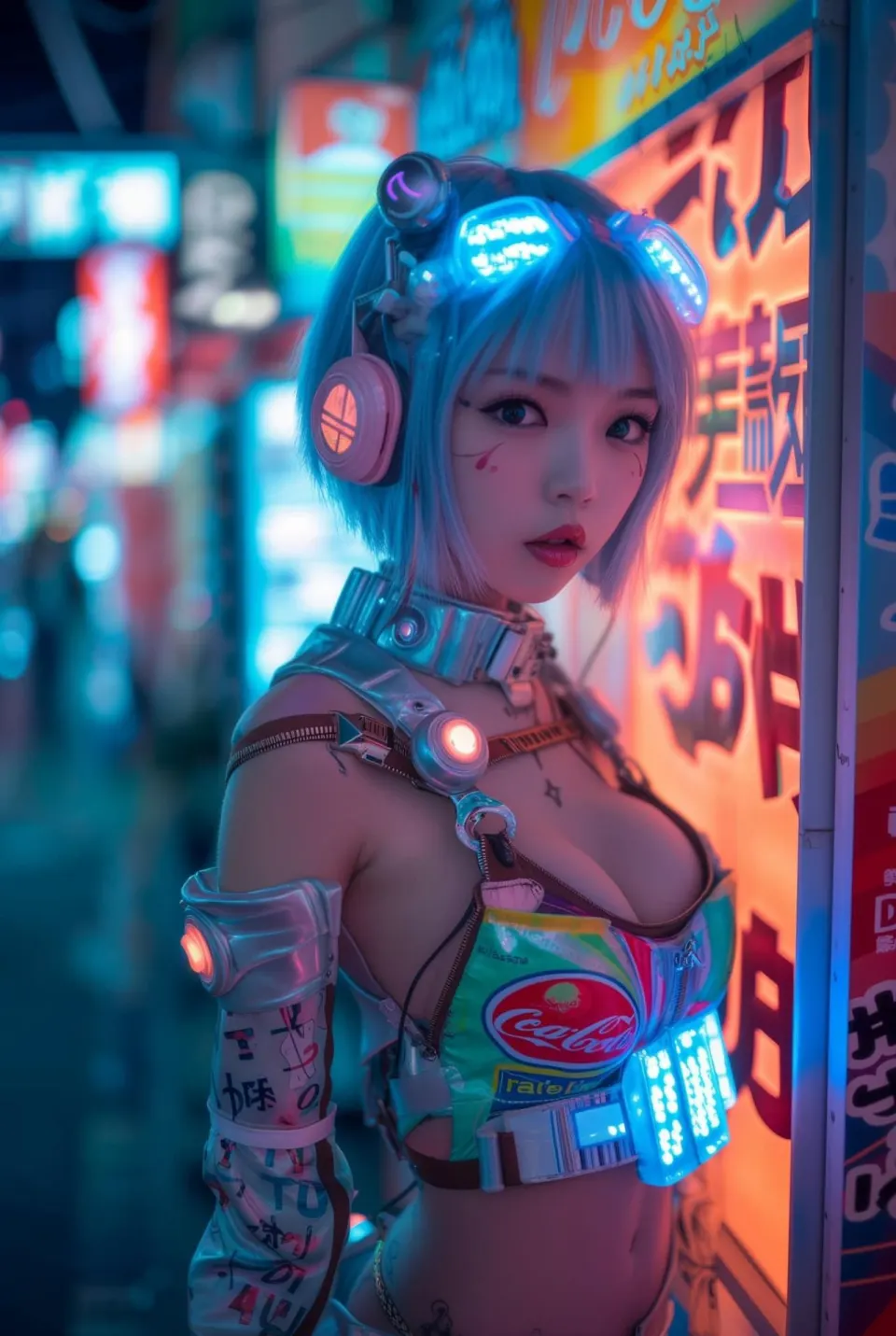 广告灯箱旁的霓虹仿生少女
