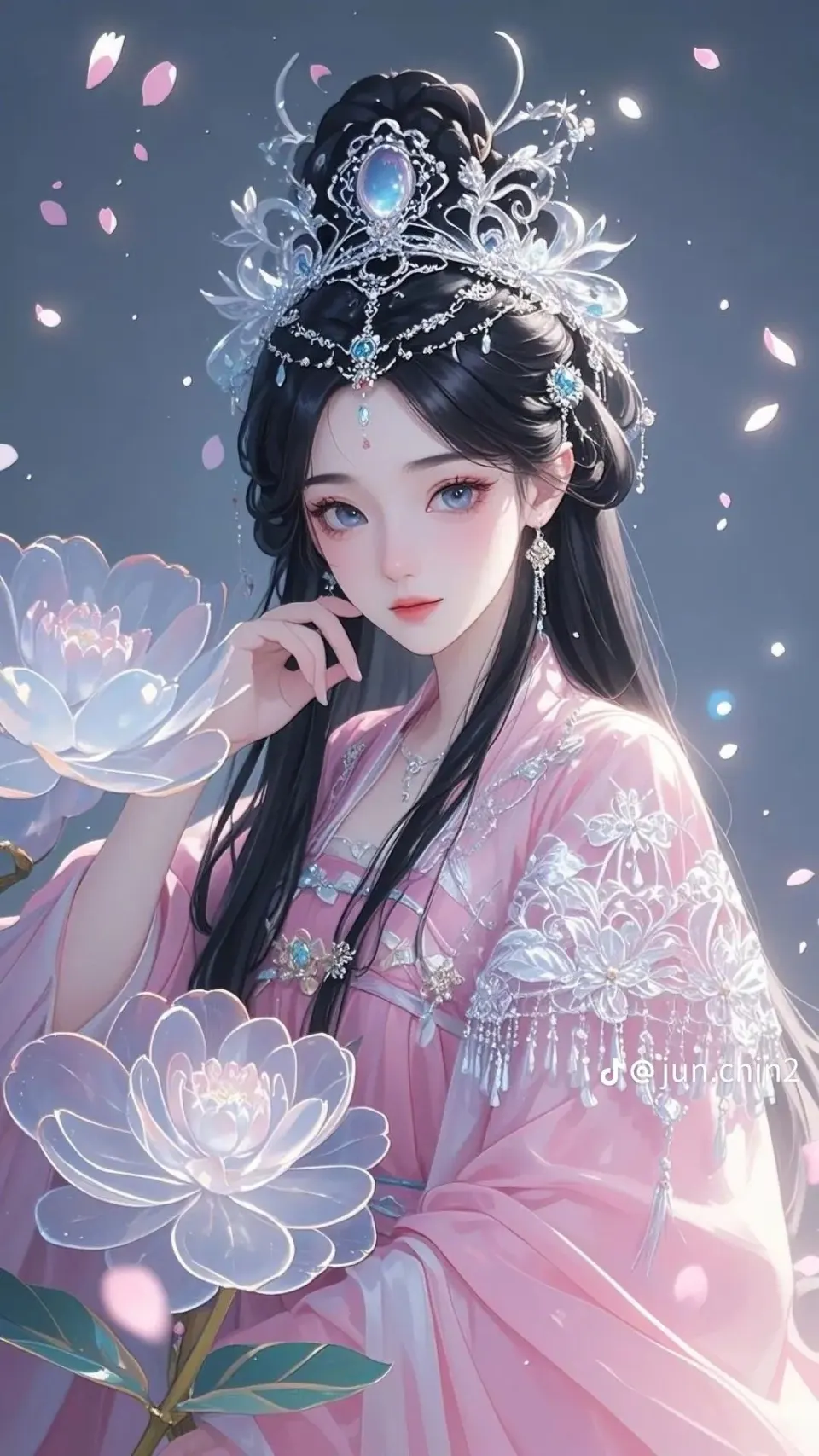 粉衣银冠古风少女与琉璃莲花