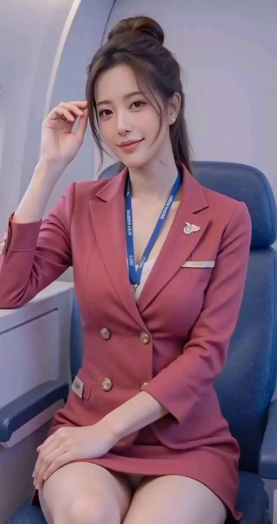 机舱中的粉色制服女性