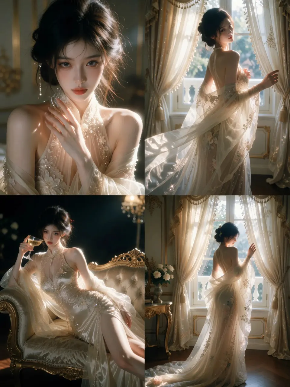 珍珠与薄纱礼服中的女性肖像