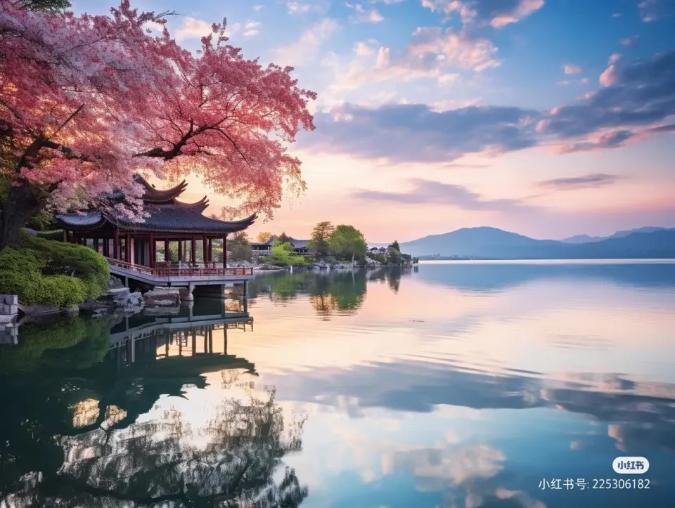 樱花湖畔的江南亭台