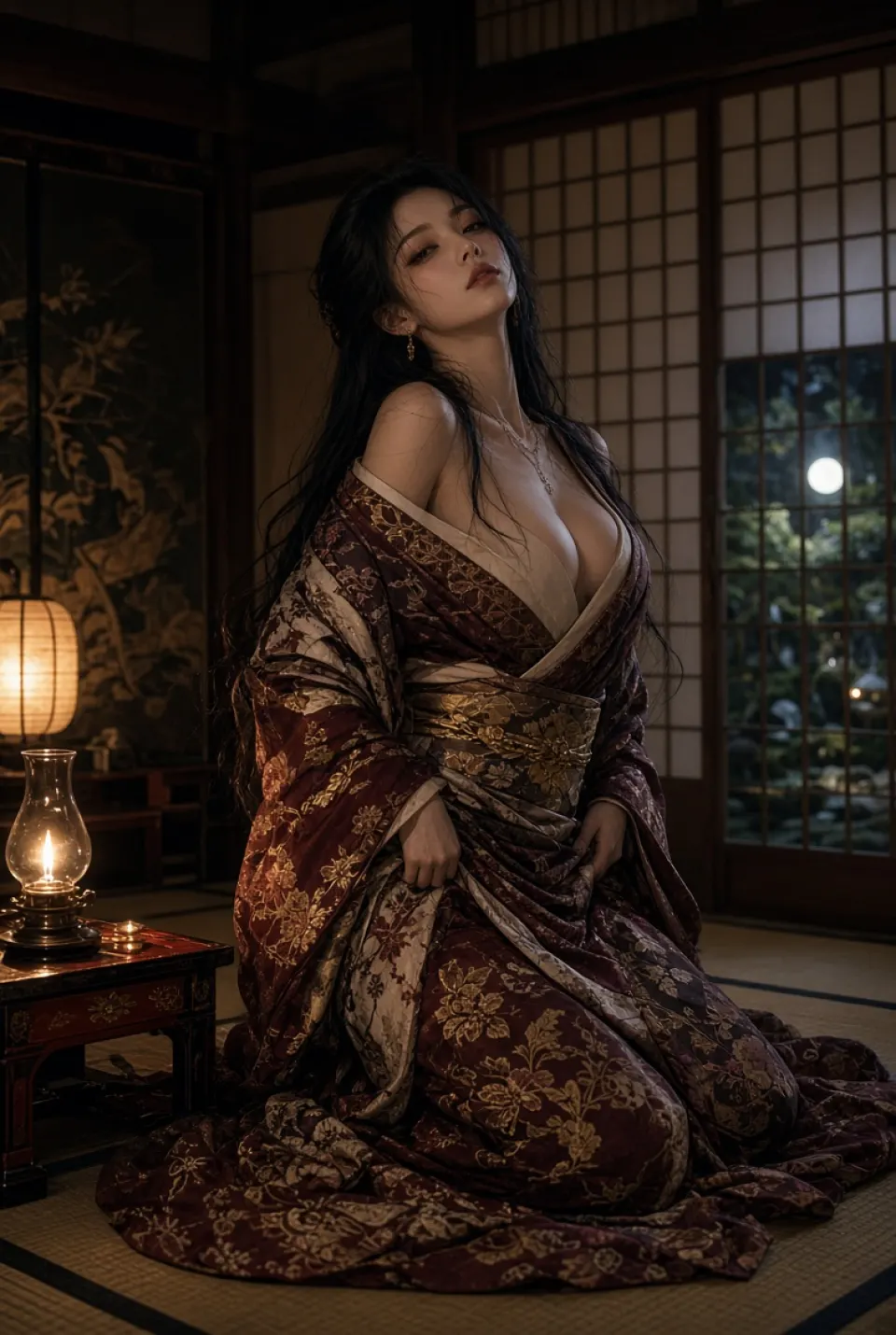 月夜和室中的古典美人