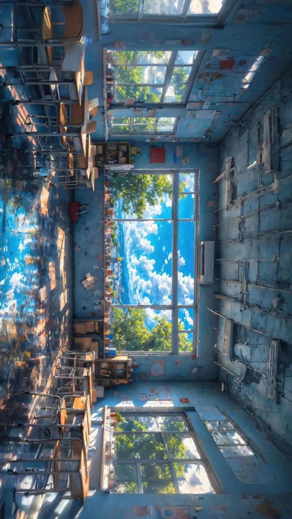 空镜建筑插画：蓝色教室与通向天空的窗