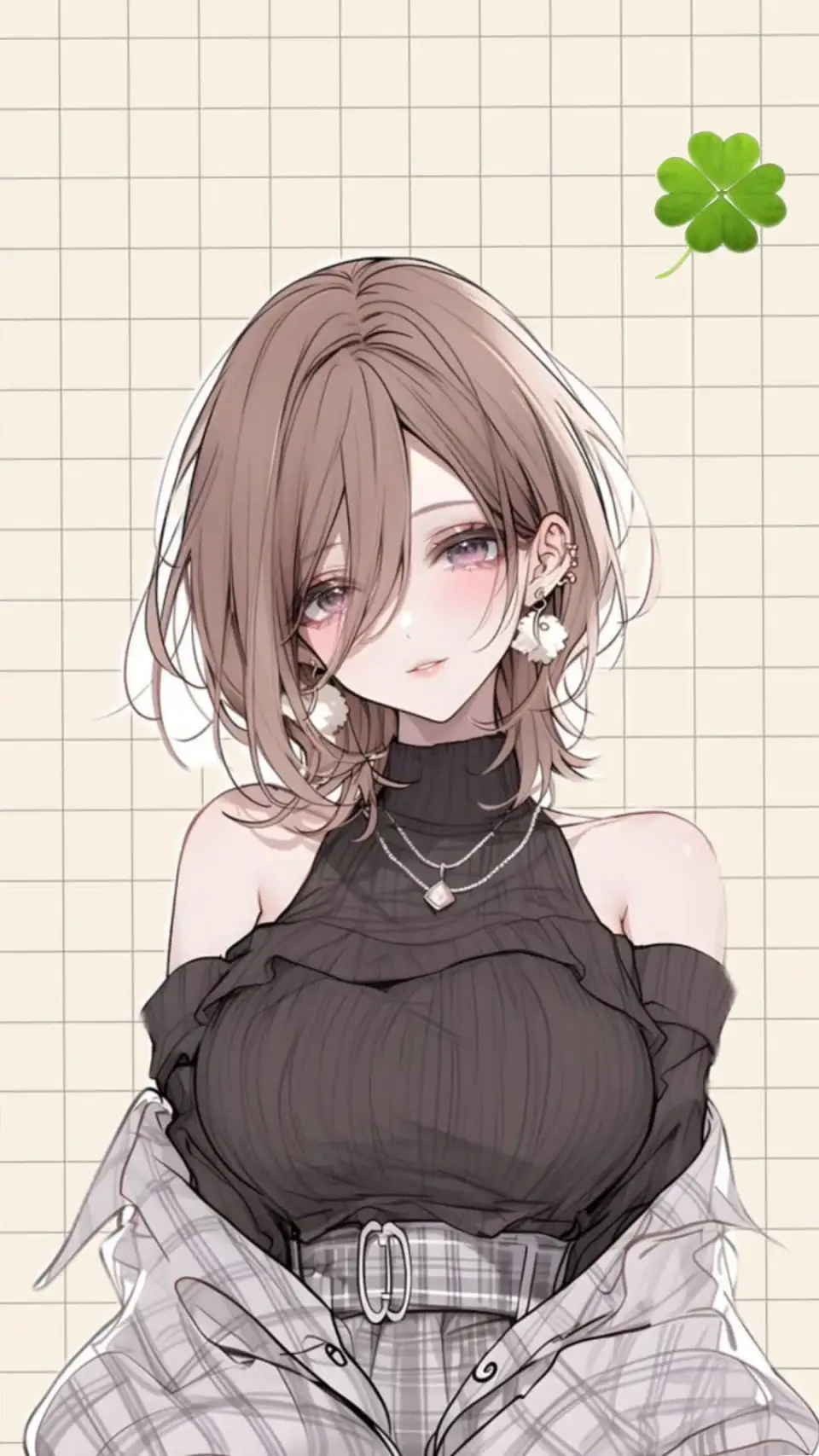 网格背景下的四叶草少女