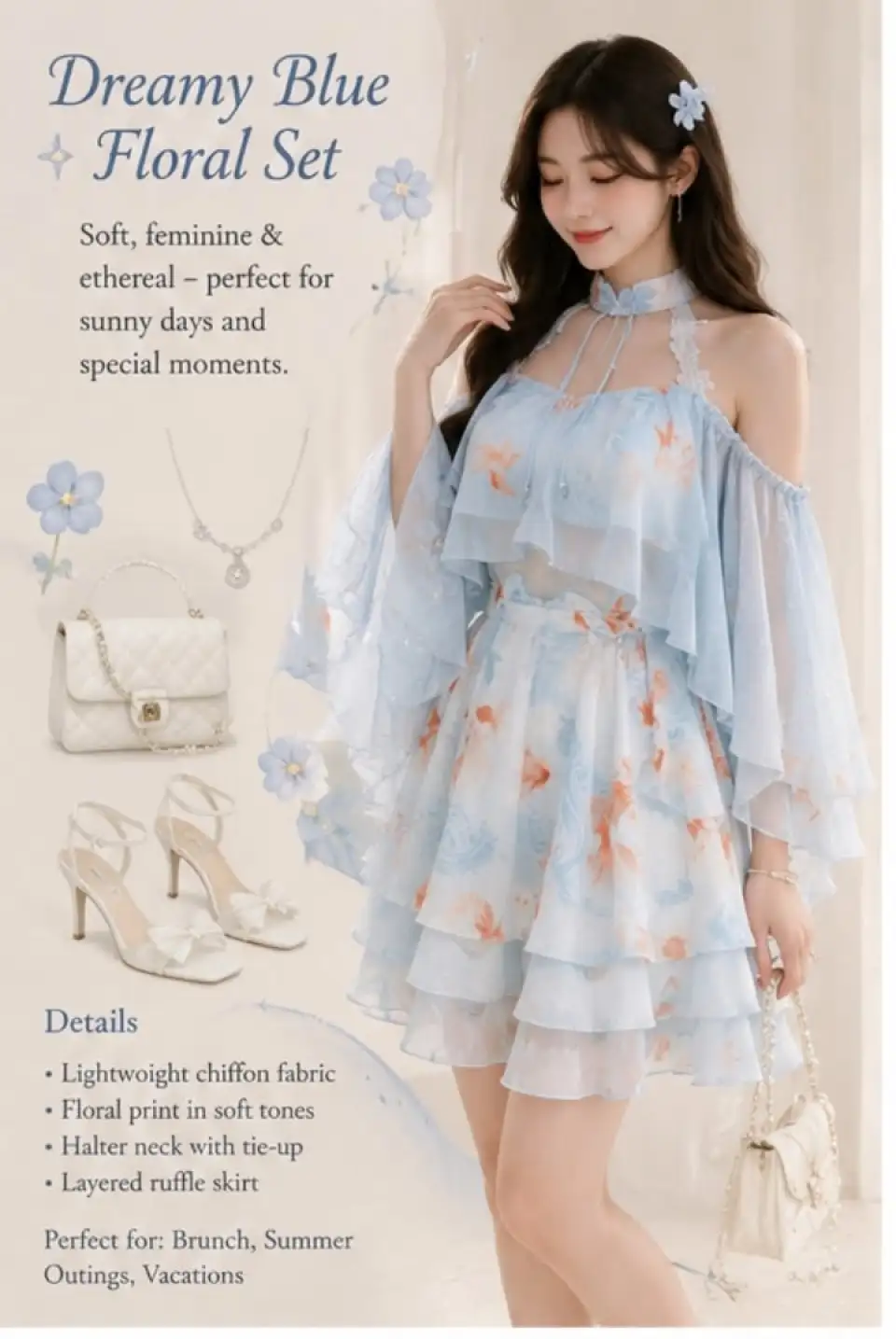 服装信息图：浅蓝碎花连衣裙产品展示