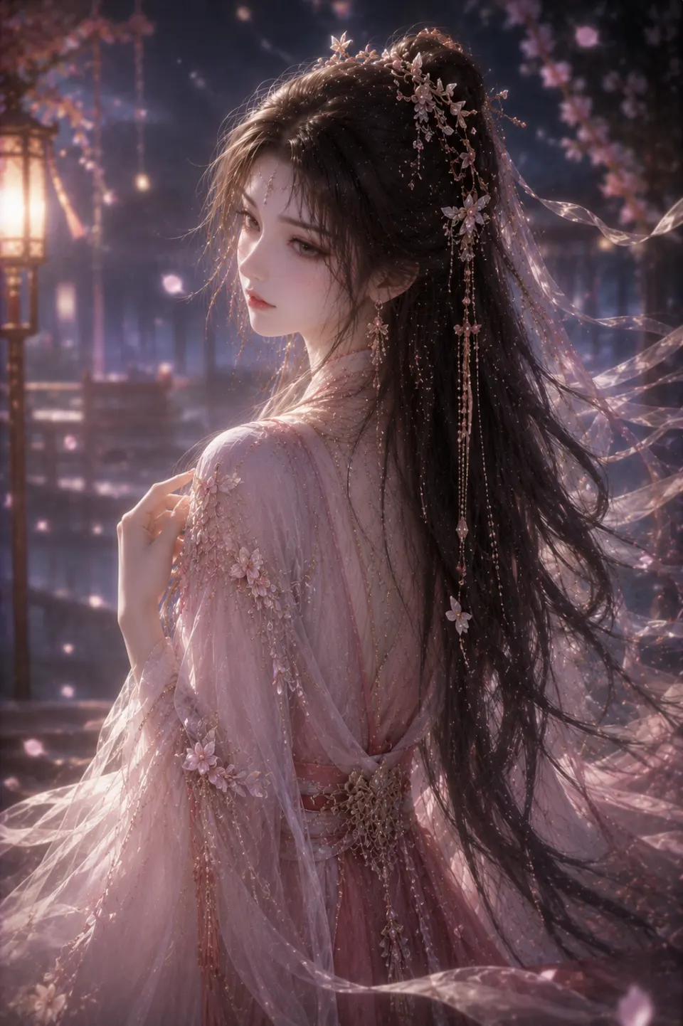 樱灯夜色中的粉衣女子
