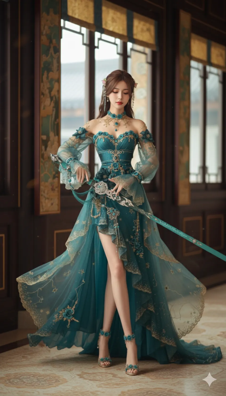 碧蓝金绣持剑古风少女